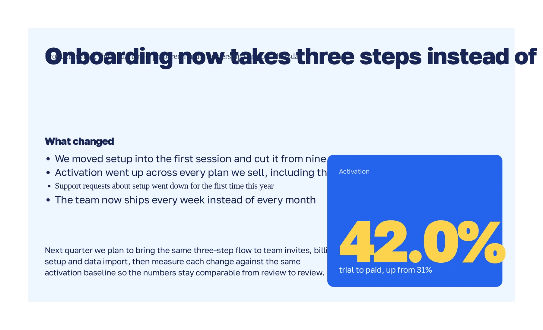 A slide from a typical AI deck: the headline runs off the slide and over the subtitle, bullets run under the number block, one line is in a different font