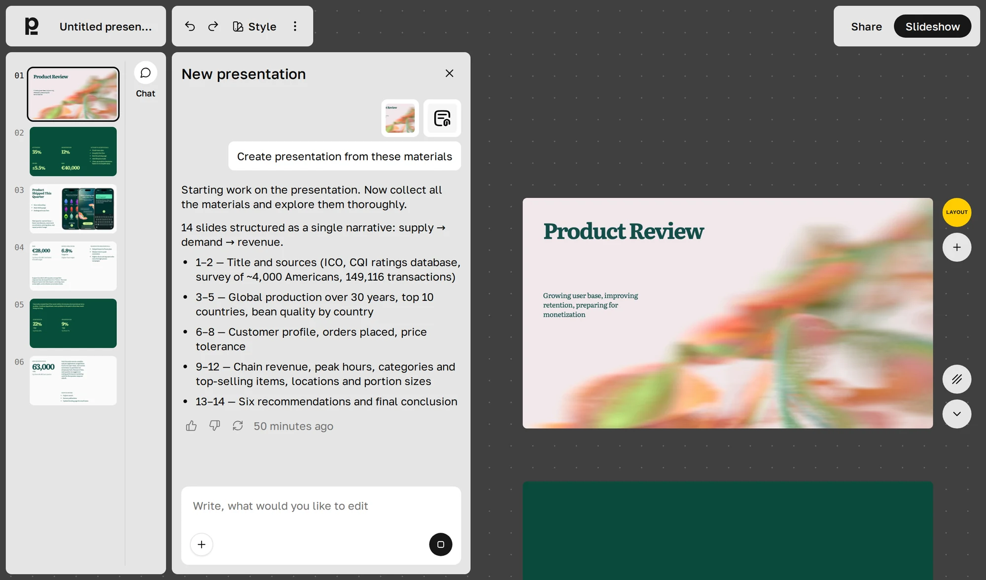 Plainline editor: a finished presentation with the chat open