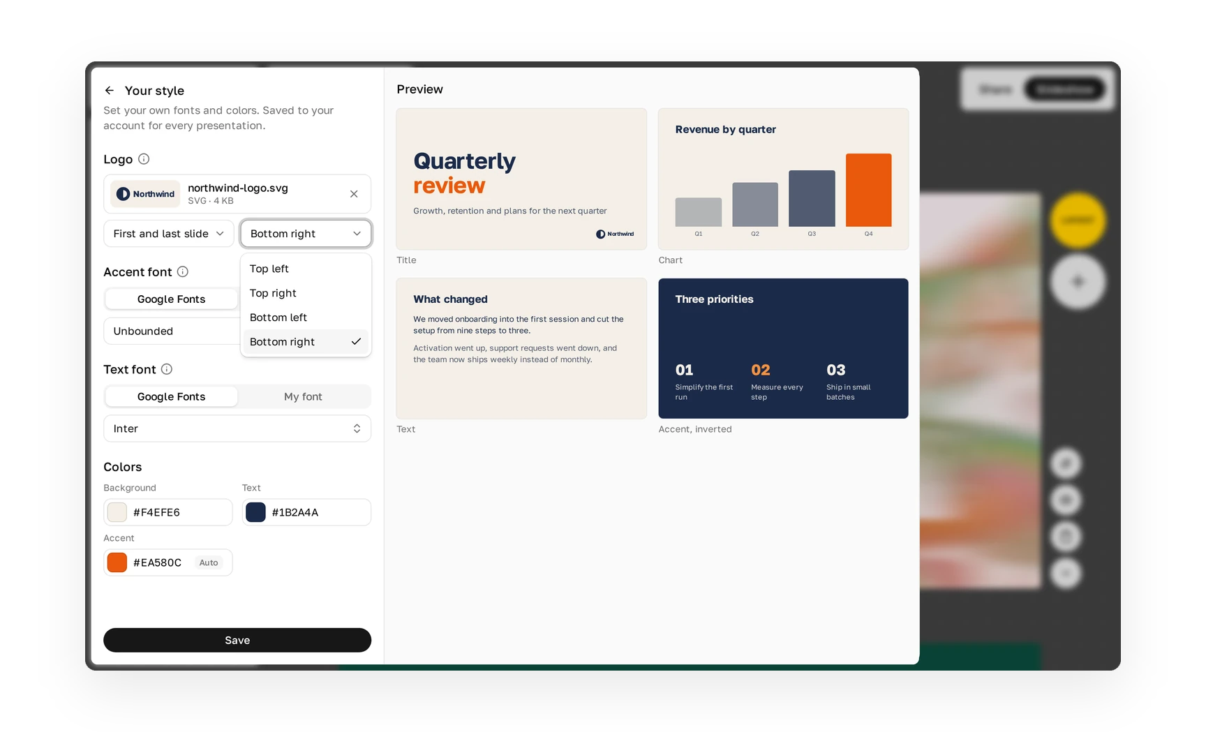 Your style settings in Plainline: logo, two fonts and colors with a live preview
