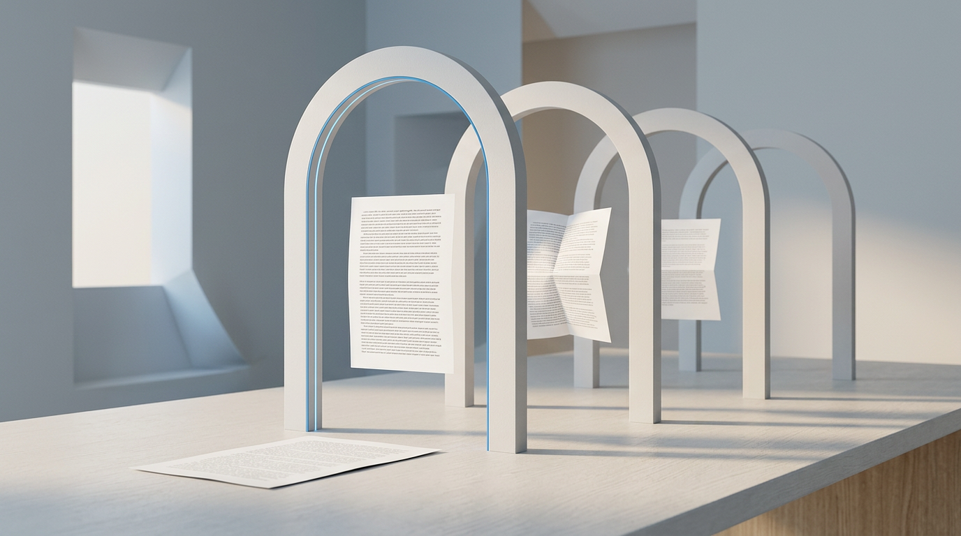 A sheet of paper passing through a row of arched portals, emerging as an exact copy, a refolded version, and a shortened version