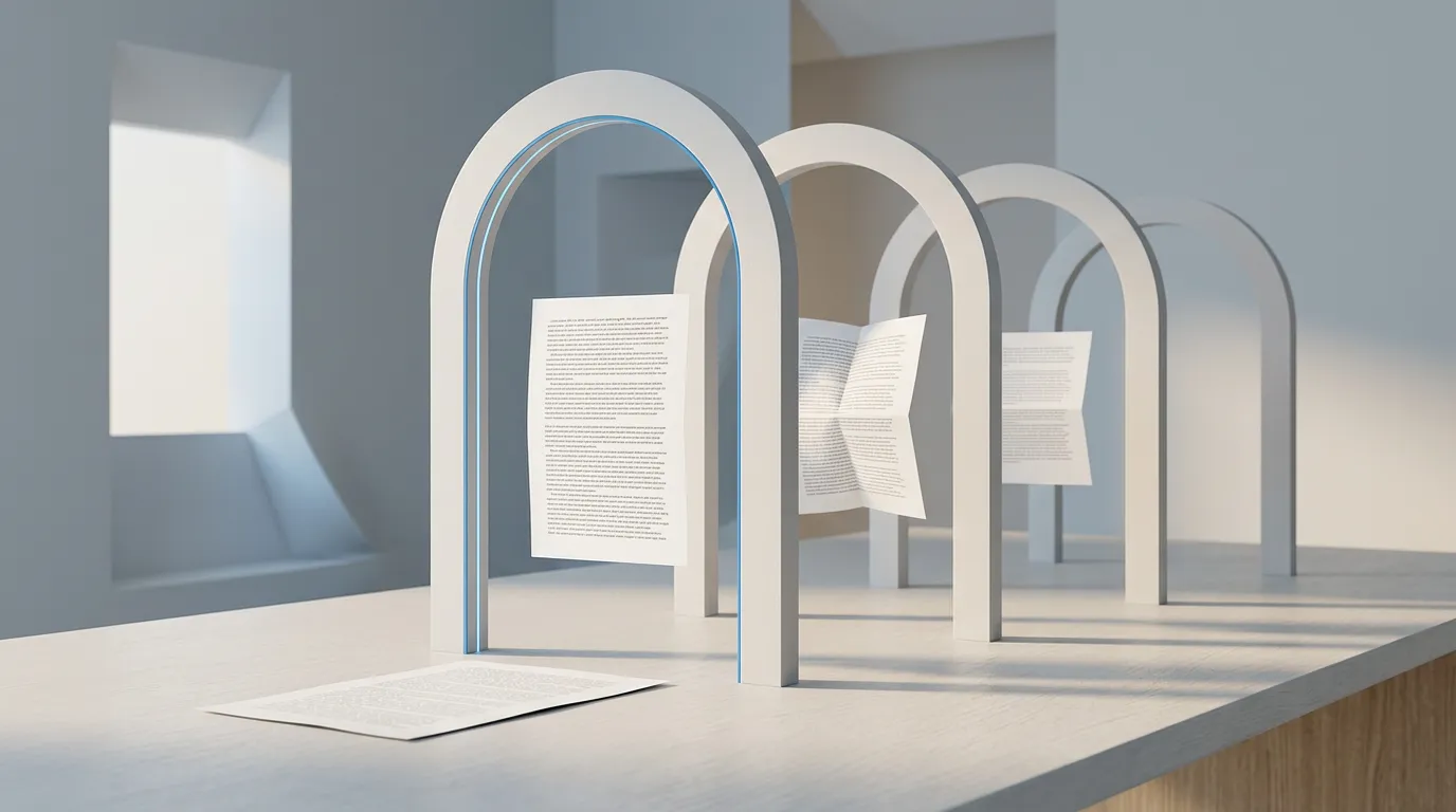 A sheet of paper passing through a row of arched portals, emerging as an exact copy, a refolded version, and a shortened version