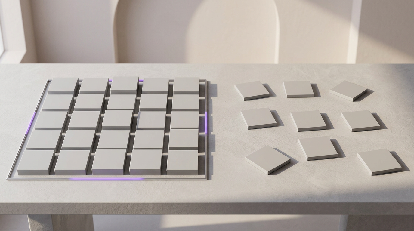 A tight grid of panels held inside a bordered frame next to a set of panels scattered freely at different angles