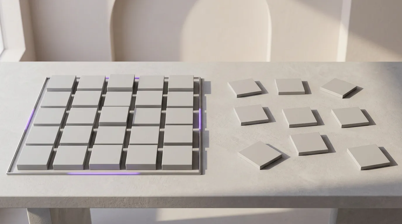 A tight grid of panels held inside a bordered frame next to a set of panels scattered freely at different angles