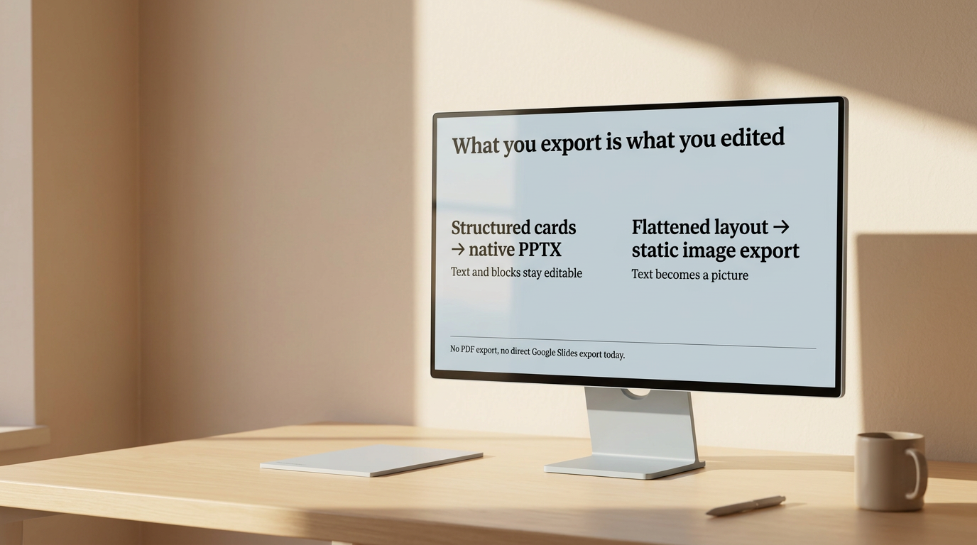 A monitor on a desk showing a Plainline slide comparing structured cards that stay editable against a flattened layout that becomes a static image