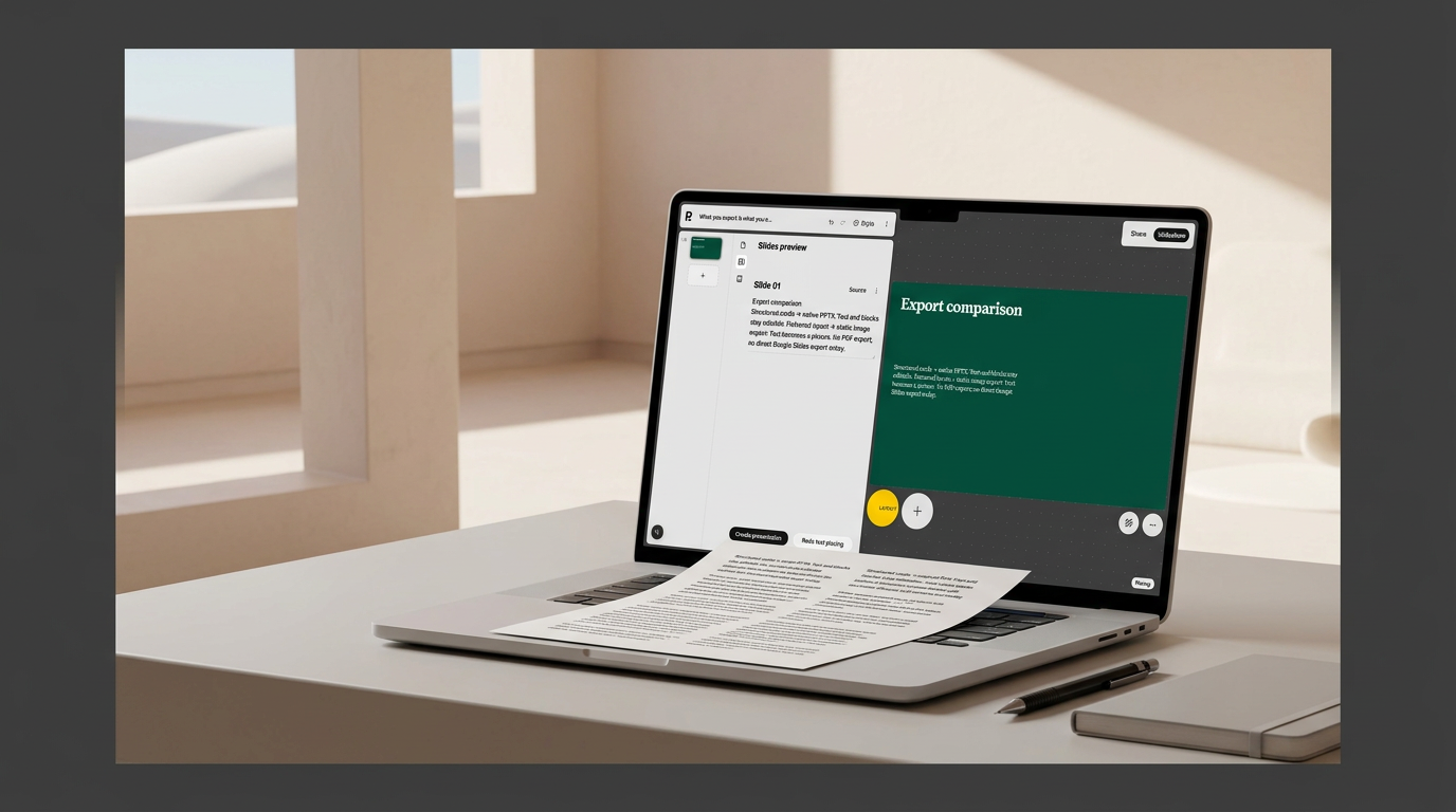 A laptop showing a source text panel next to a slide preview with matching wording, a printed document beside it on the desk