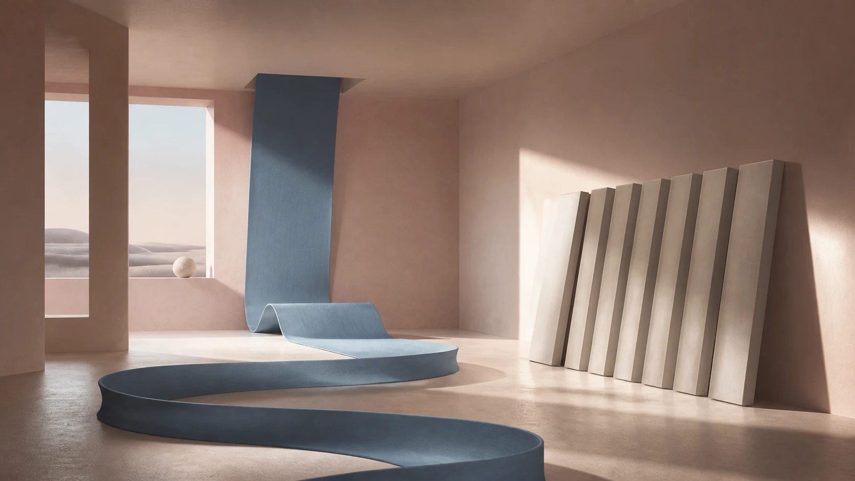 A blue ribbon draping in loose folds across a room floor and up one wall, facing a tight row of flat rectangular panels leaned against the opposite wall