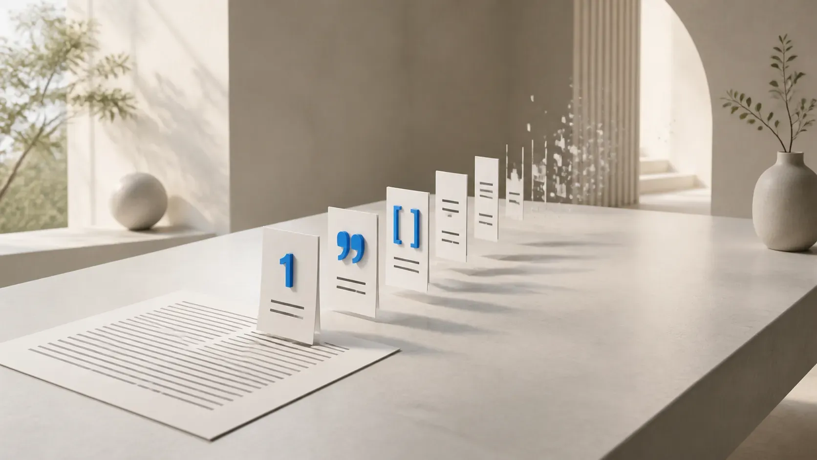 A printed paragraph of text on a desk dissolving at its edge into flat fragments shaped like a number, a quote mark, and a bracketed exception, some fading into the air before reaching the end of the row