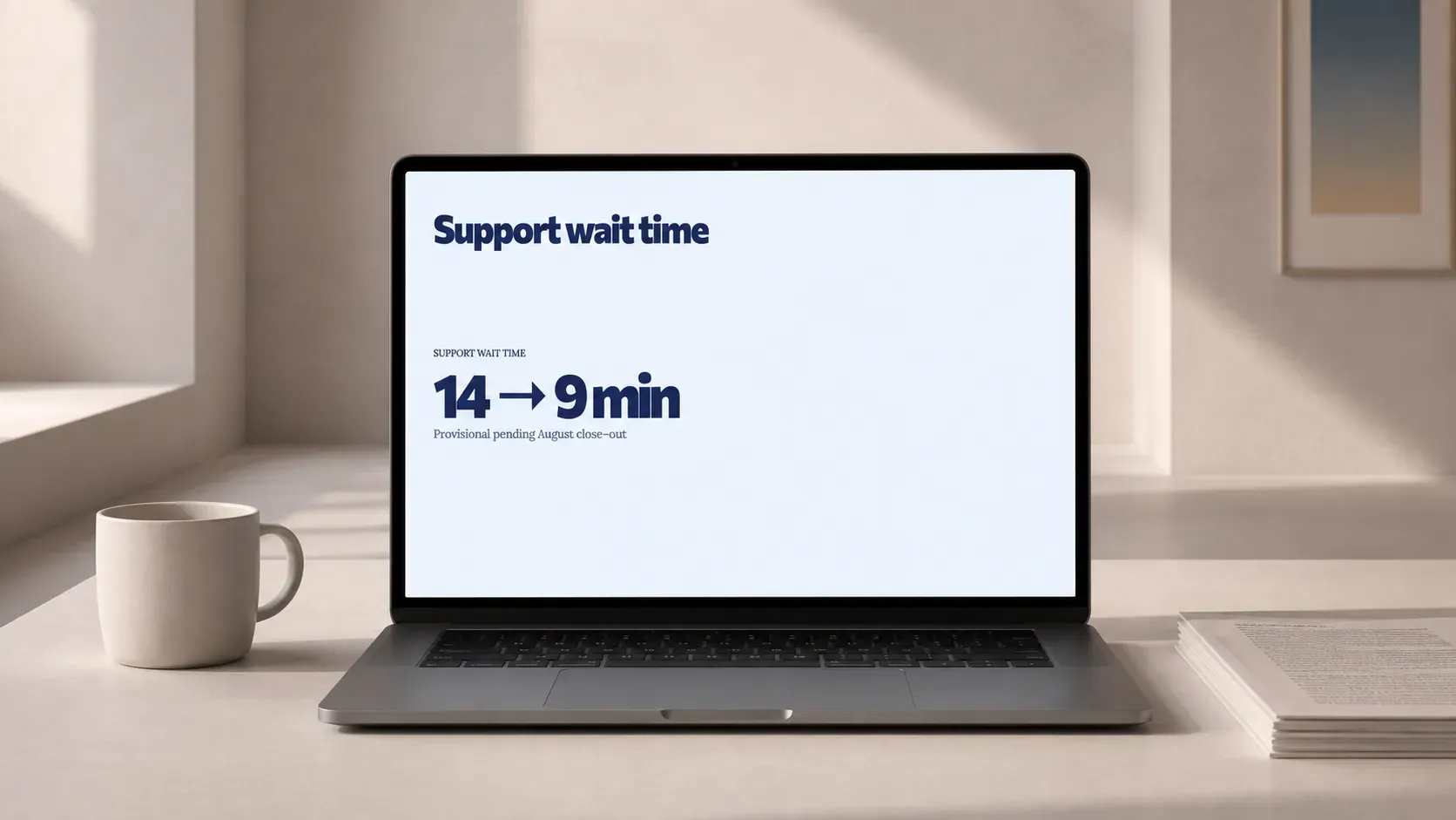 A laptop on a desk showing a metric card slide reading 14 to 9 minutes, with a stack of paper carrying the same source paragraph beside it