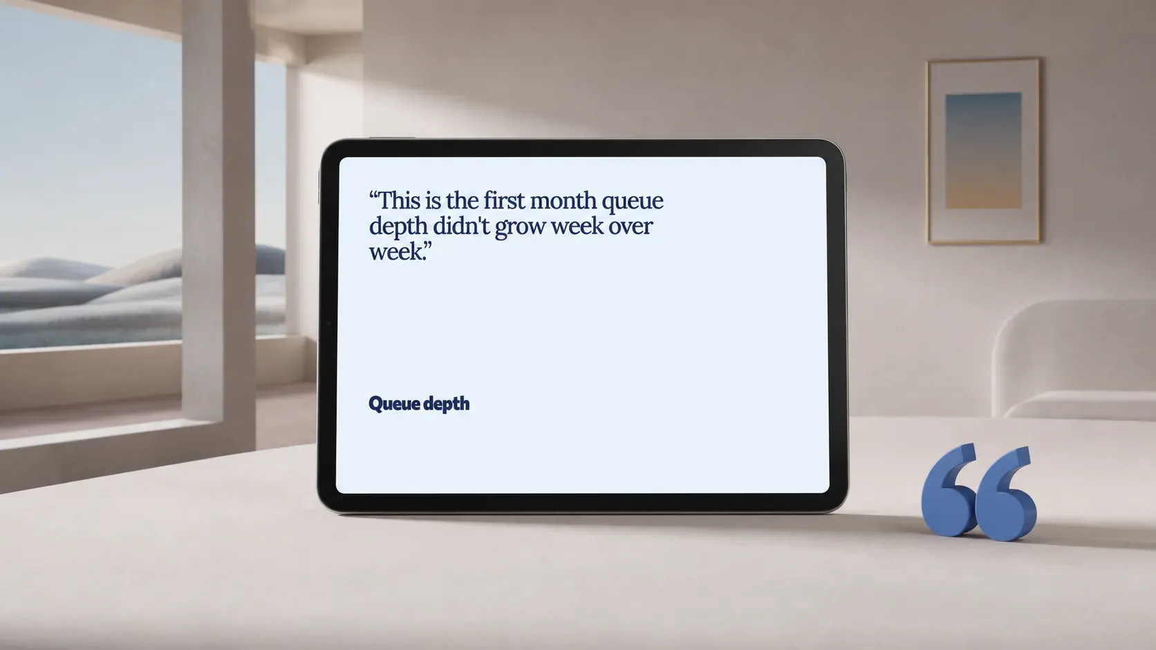 A tablet on a desk showing a quote card slide with the engineering lead's quote, a physical 3D quotation mark beside it