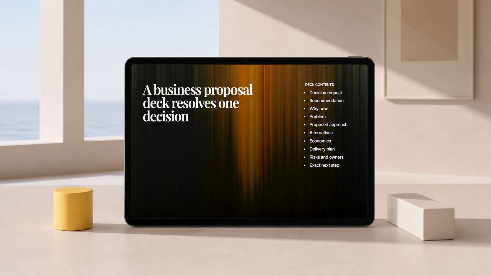 A tablet shows a ten-step decision path for a business proposal presentation