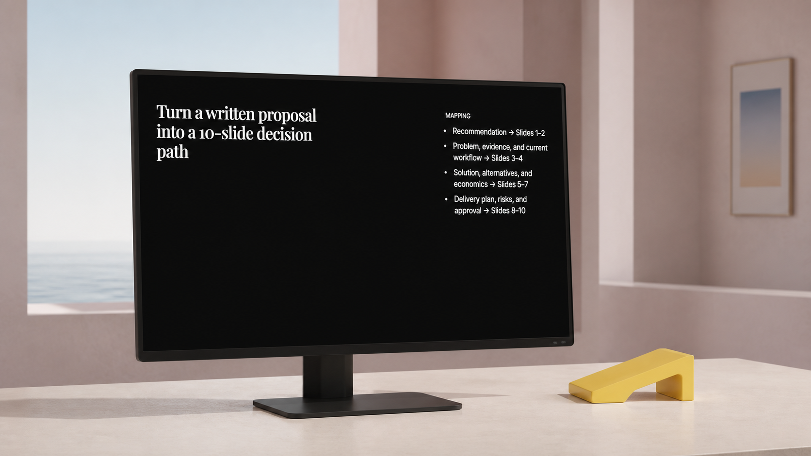 A monitor shows a written proposal being mapped to a ten-slide decision path