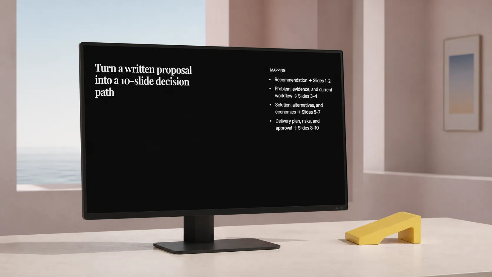 A monitor shows a written proposal being mapped to a ten-slide decision path