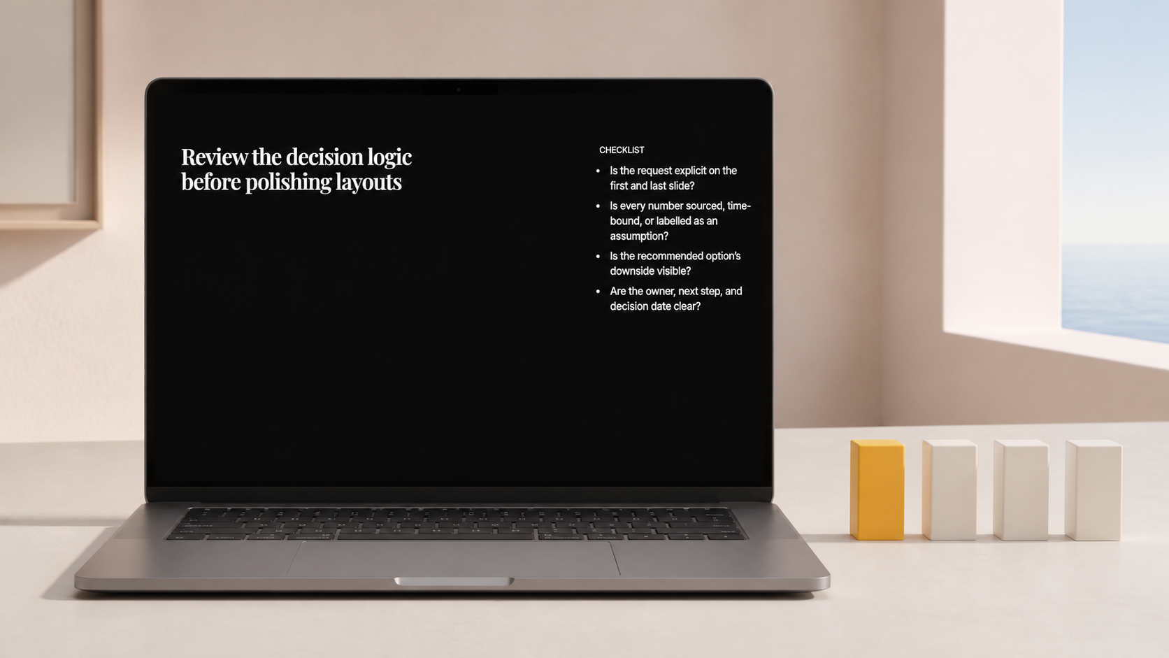 A laptop shows four final checks for a business proposal presentation