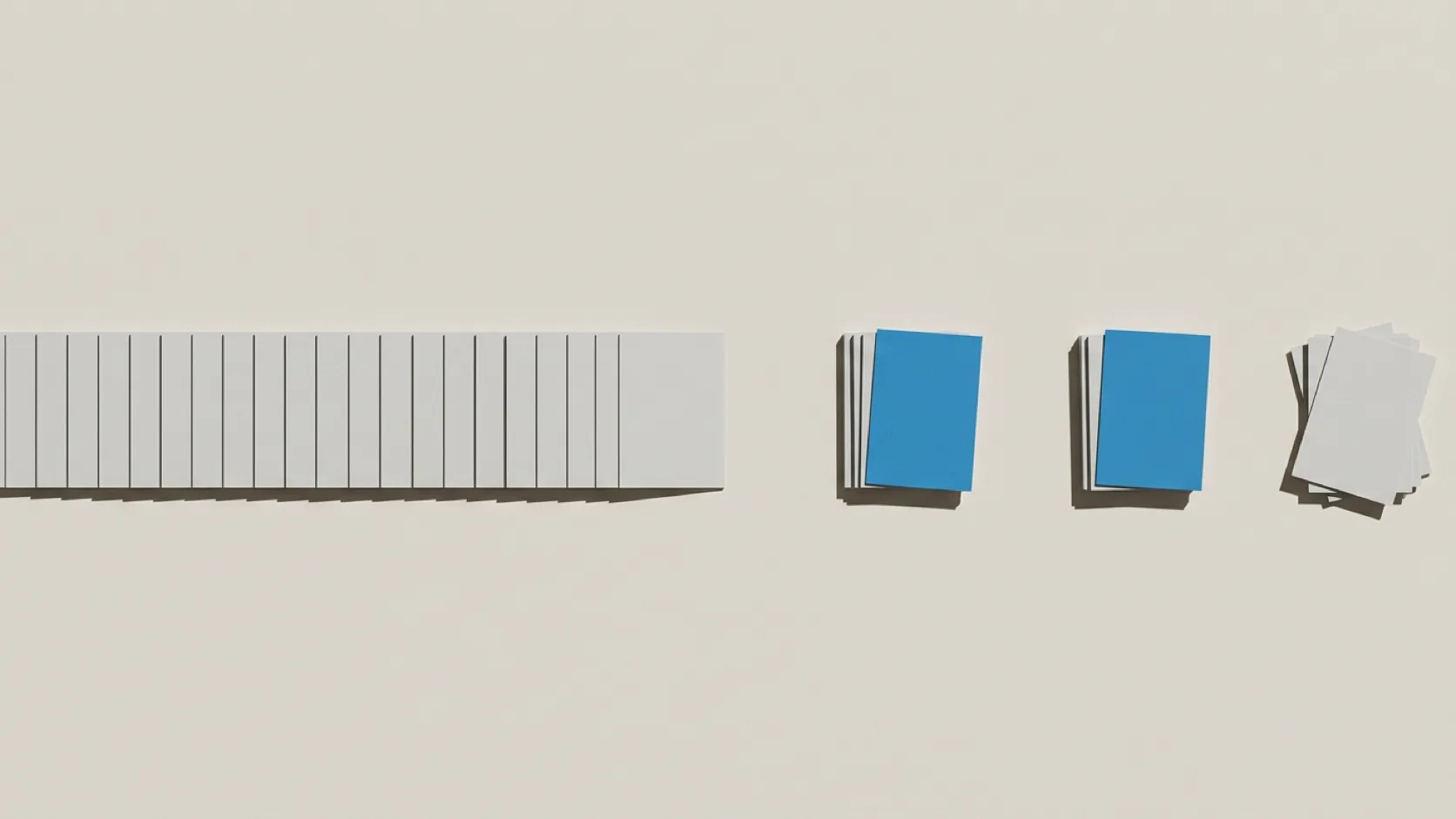 Top view of one flat row of identical cards on the left and two thicker grouped stacks on the right