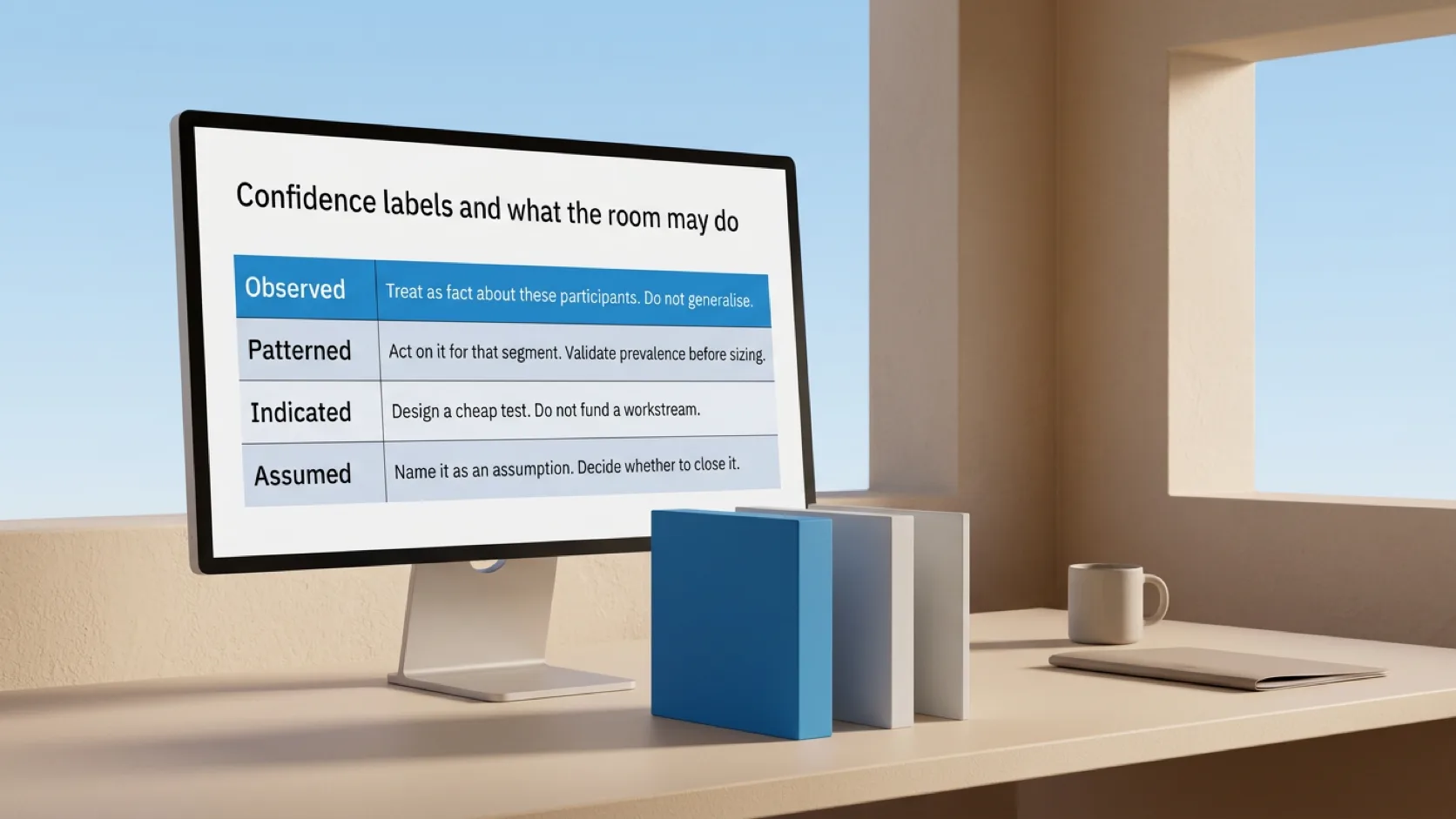 A monitor showing a confidence-label table, beside four upright panels of decreasing thickness
