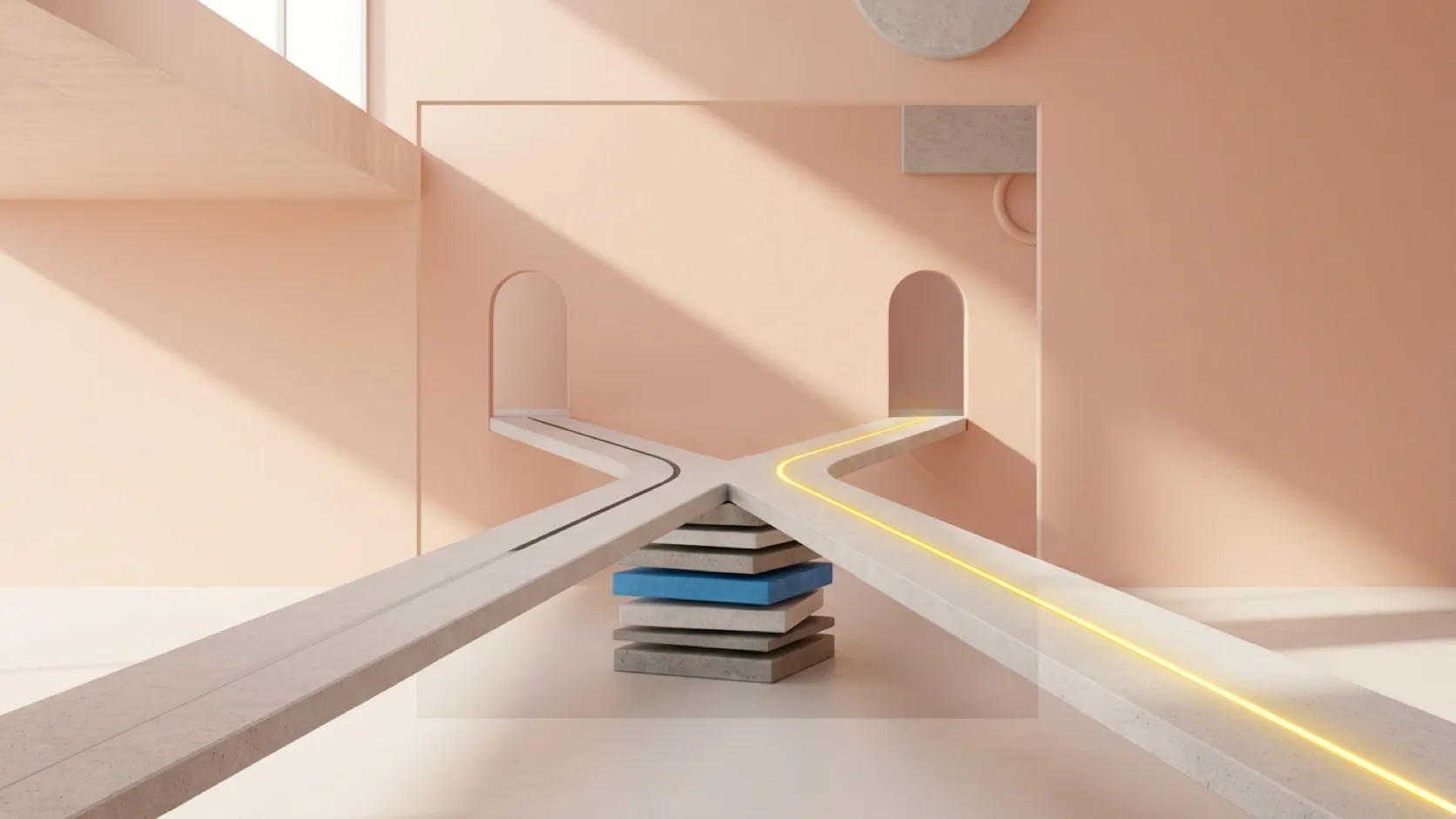 A pale walkway splitting into two arched exits, resting on a stack of panels with one blue layer