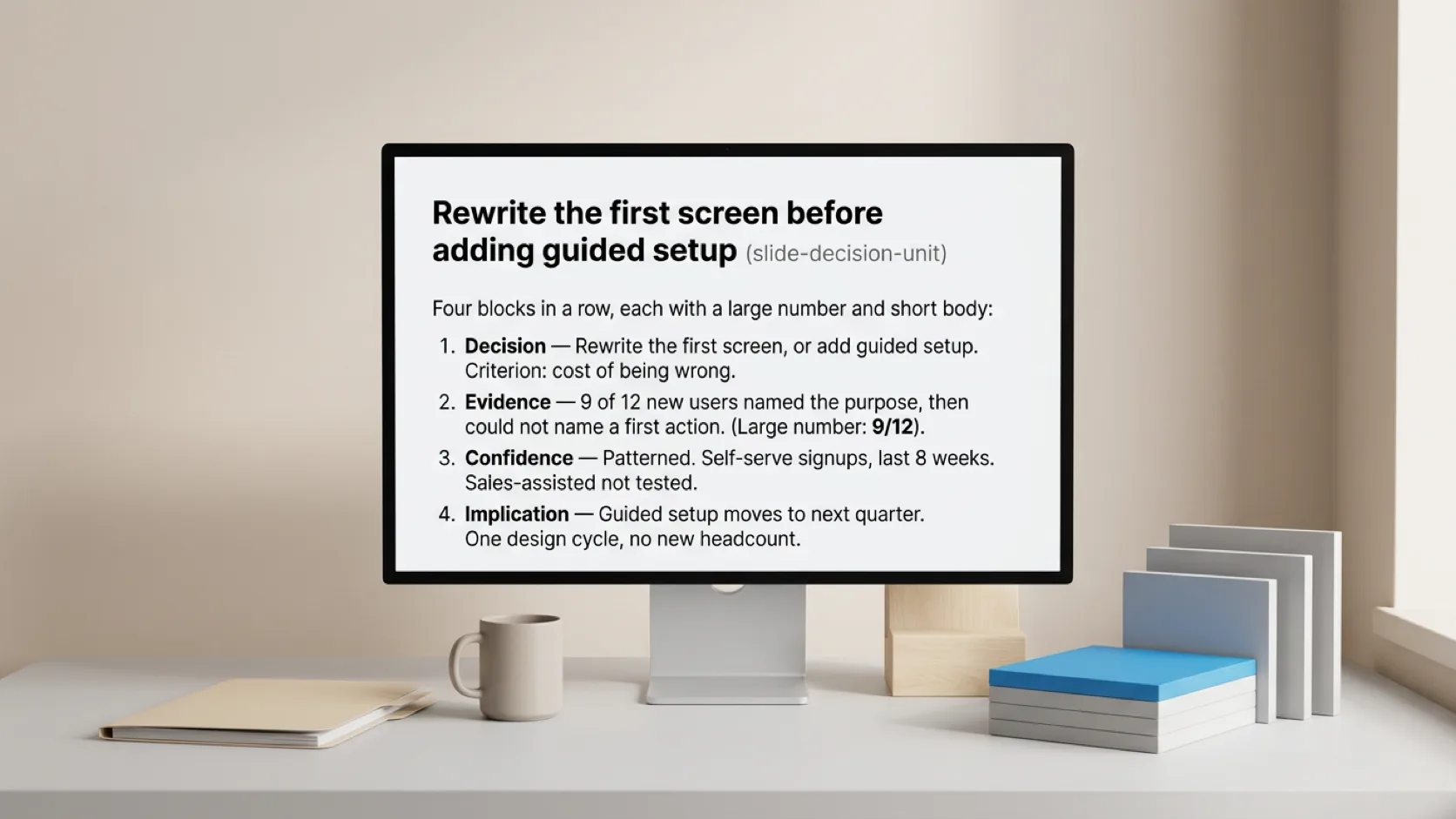 A monitor showing a slide with the four-part decision unit, beside four stacked panels with a blue top