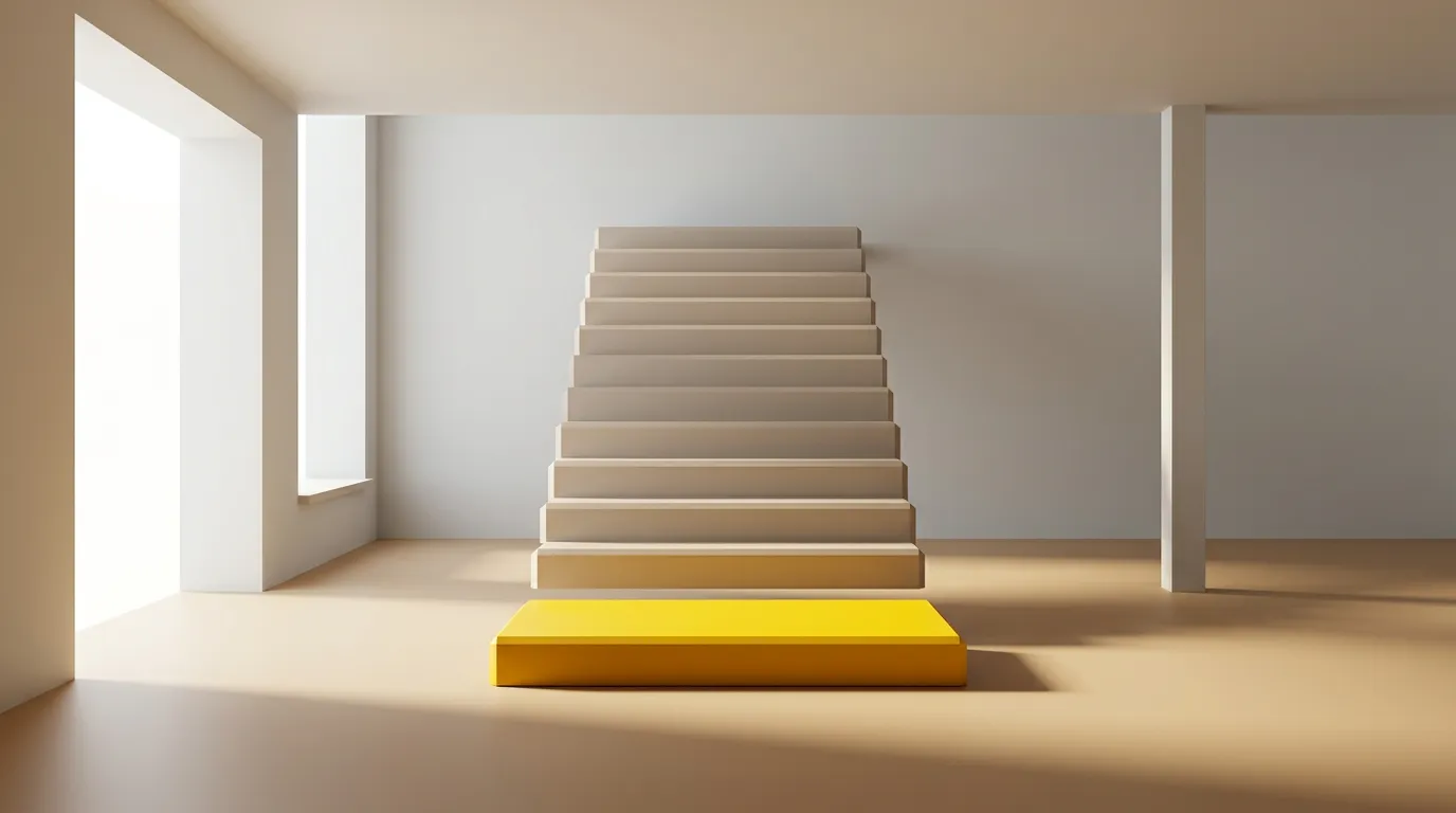 A long flight of pale steps with the top landing moved forward as a single yellow step closest to the viewer