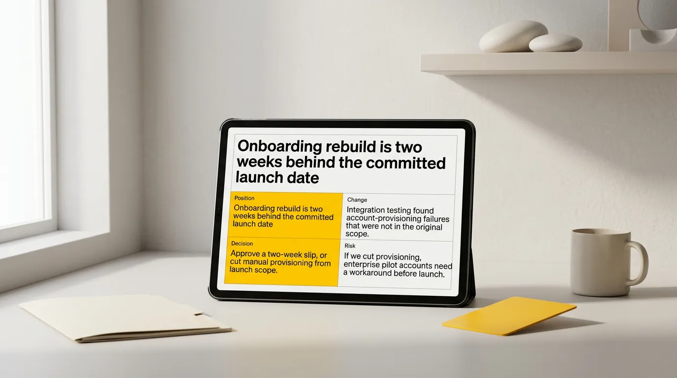 A tablet showing an executive summary slide with position, change, decision, and risk on four lines