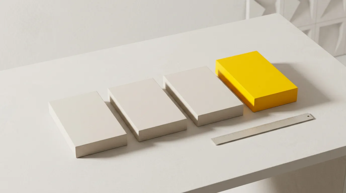 Four panels in a row seen from above, the last one yellow and thicker than the rest