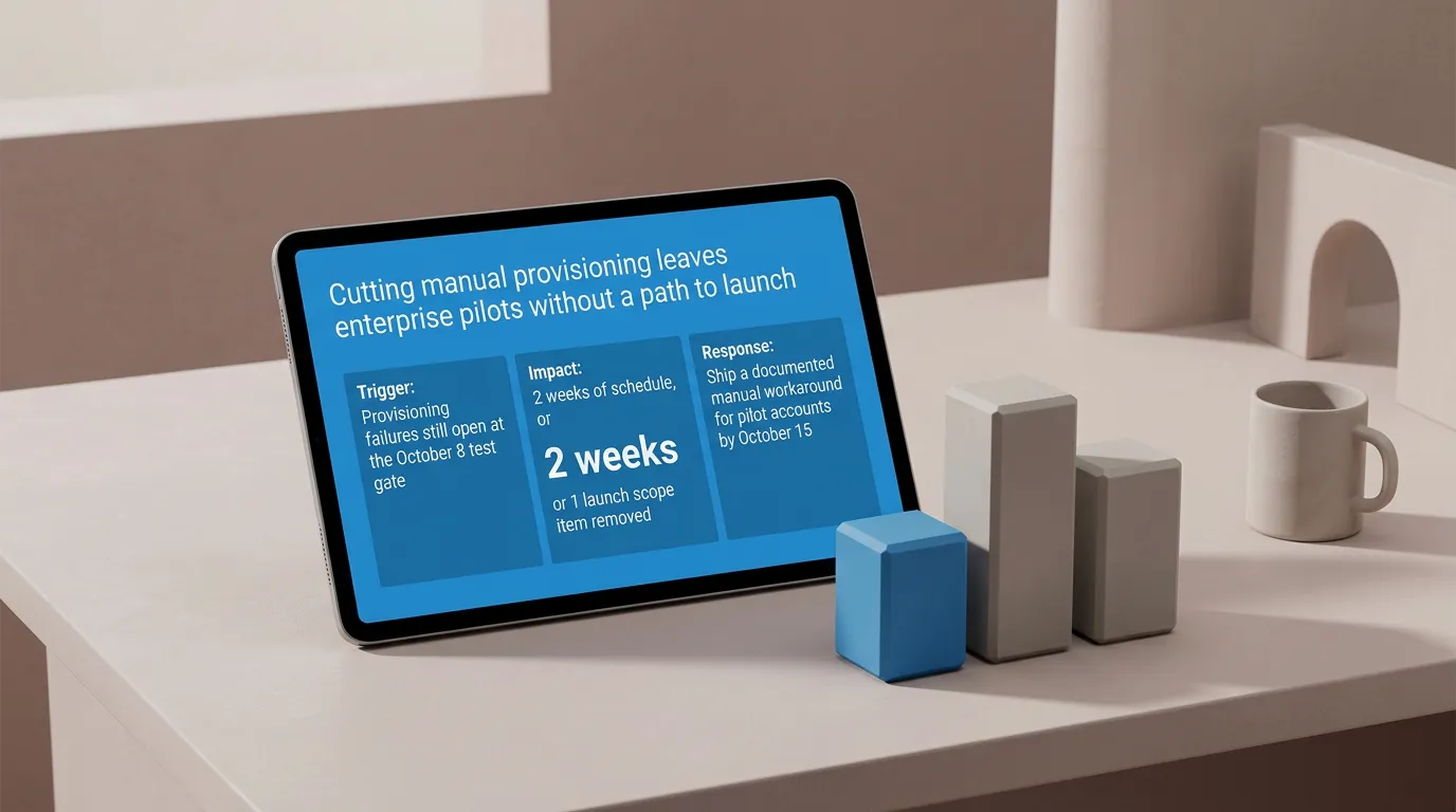 A tablet showing a risk slide with trigger, impact, and response beside a physical bar chart fragment