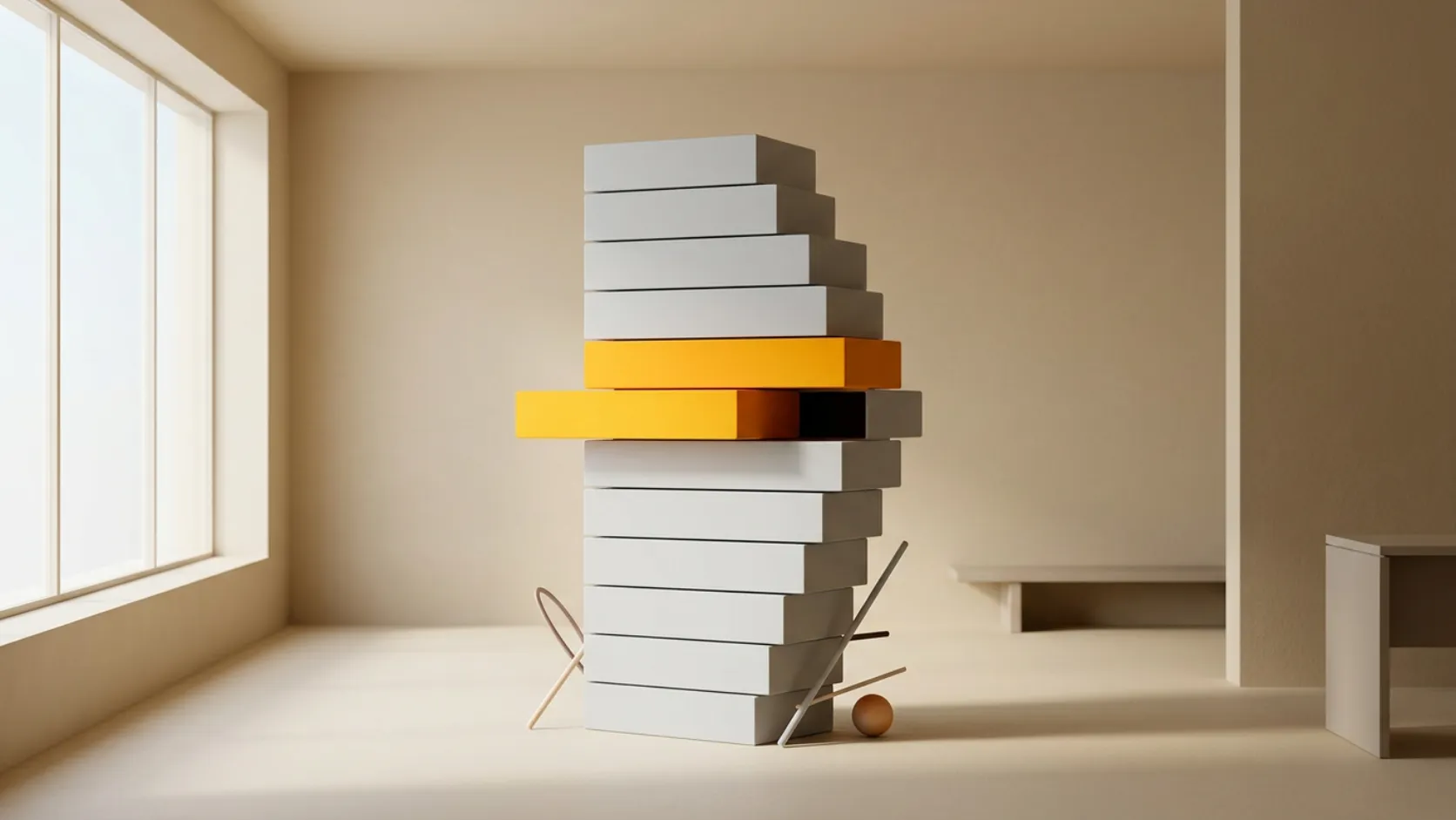A stack of flat panels forming indented levels, with one yellow panel pulled forward