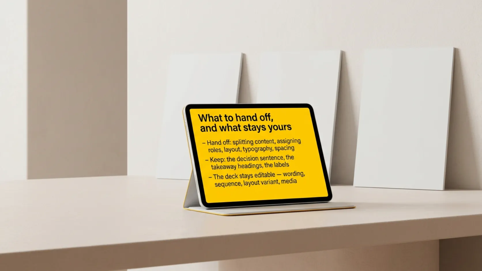 A tablet showing a slide separating the mechanical work from the editorial work