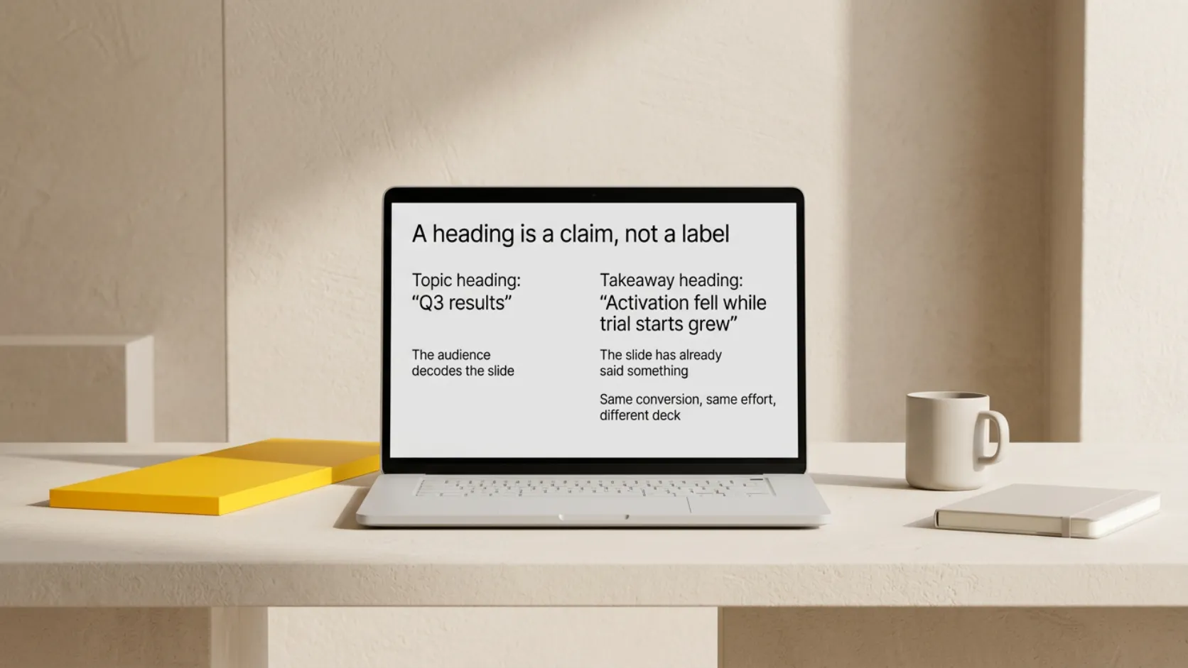 A laptop showing a slide comparing a topic heading with a takeaway heading