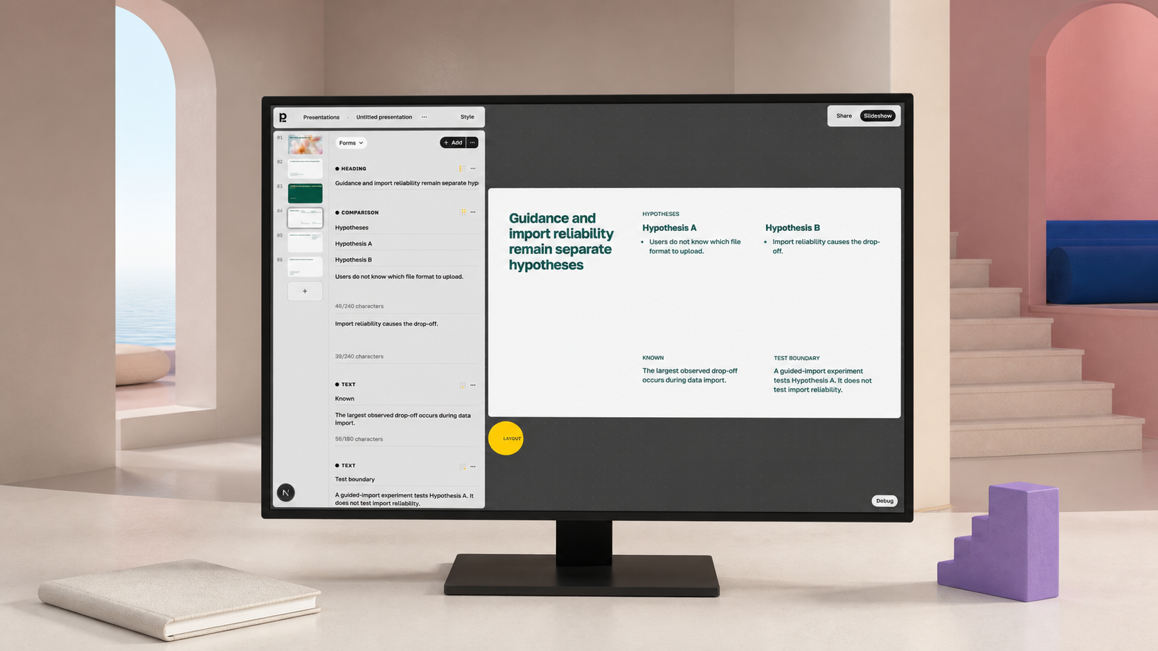 Plainline editor showing a six-slide presentation with slide 4 open and editable