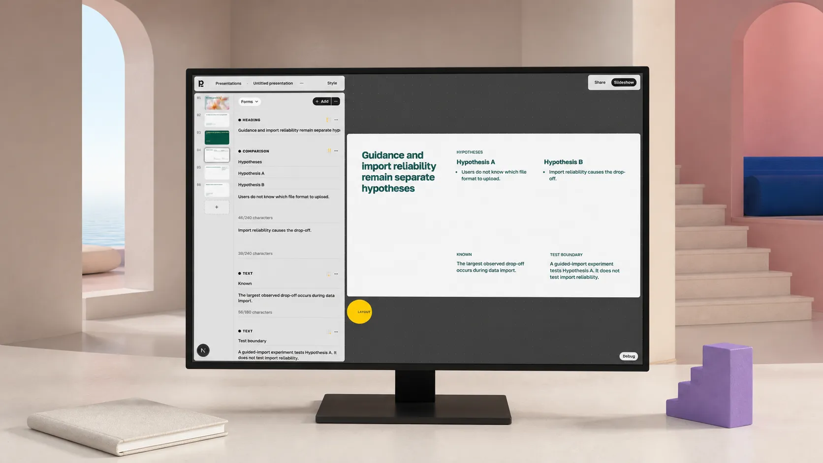 Plainline editor showing a six-slide presentation with slide 4 open and editable