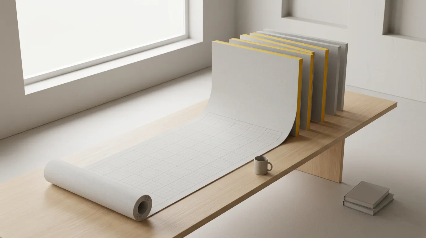 A long roll of ruled paper on a pale wooden table whose far end rises into seven upright grey panels with yellow edges