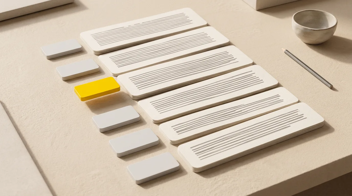 Six paper sheets of ruled grey text in a column, each with a small physical marker beside it, one marker yellow and raised above the surface