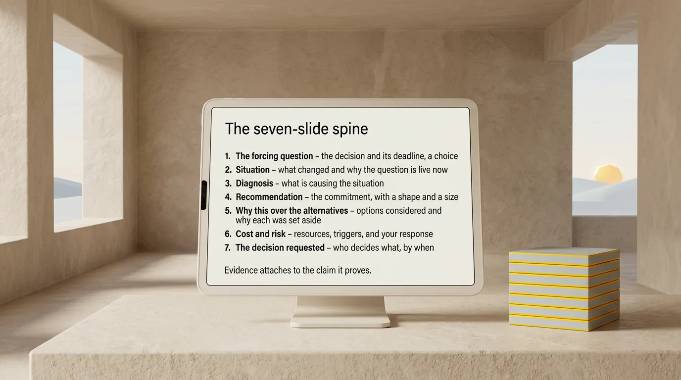 A tablet showing a slide titled The seven-slide spine with seven numbered claims, beside a stack of seven thin grey plates with yellow edges