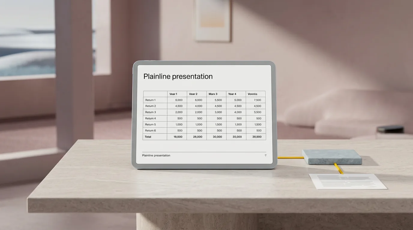 A tablet showing a slide with a table, beside a thin grey plate connected by a short yellow line to a small sheet of ruled paper