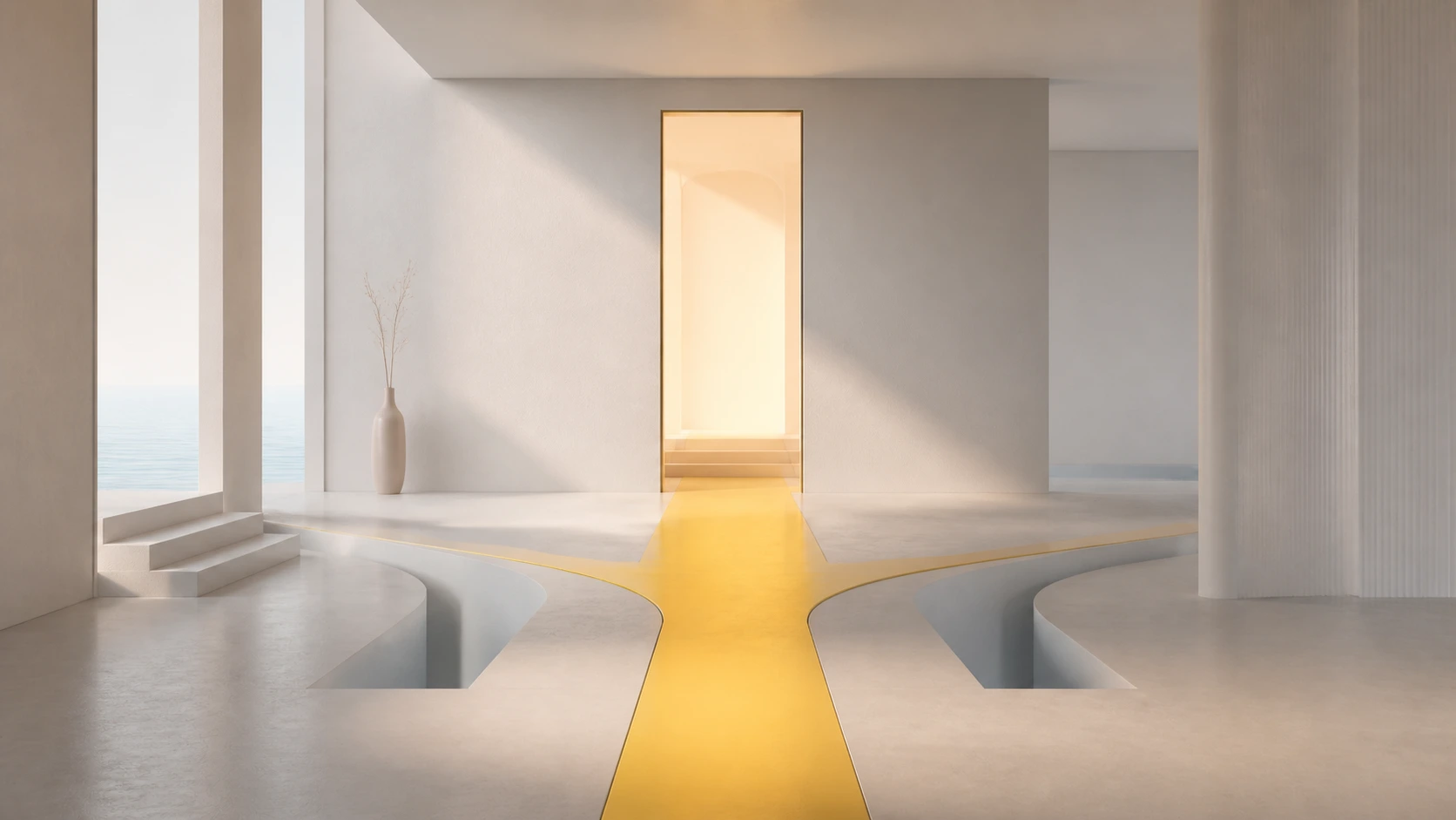 Three physical routes cross a warm workspace, with the central yellow path leading to a lit doorway