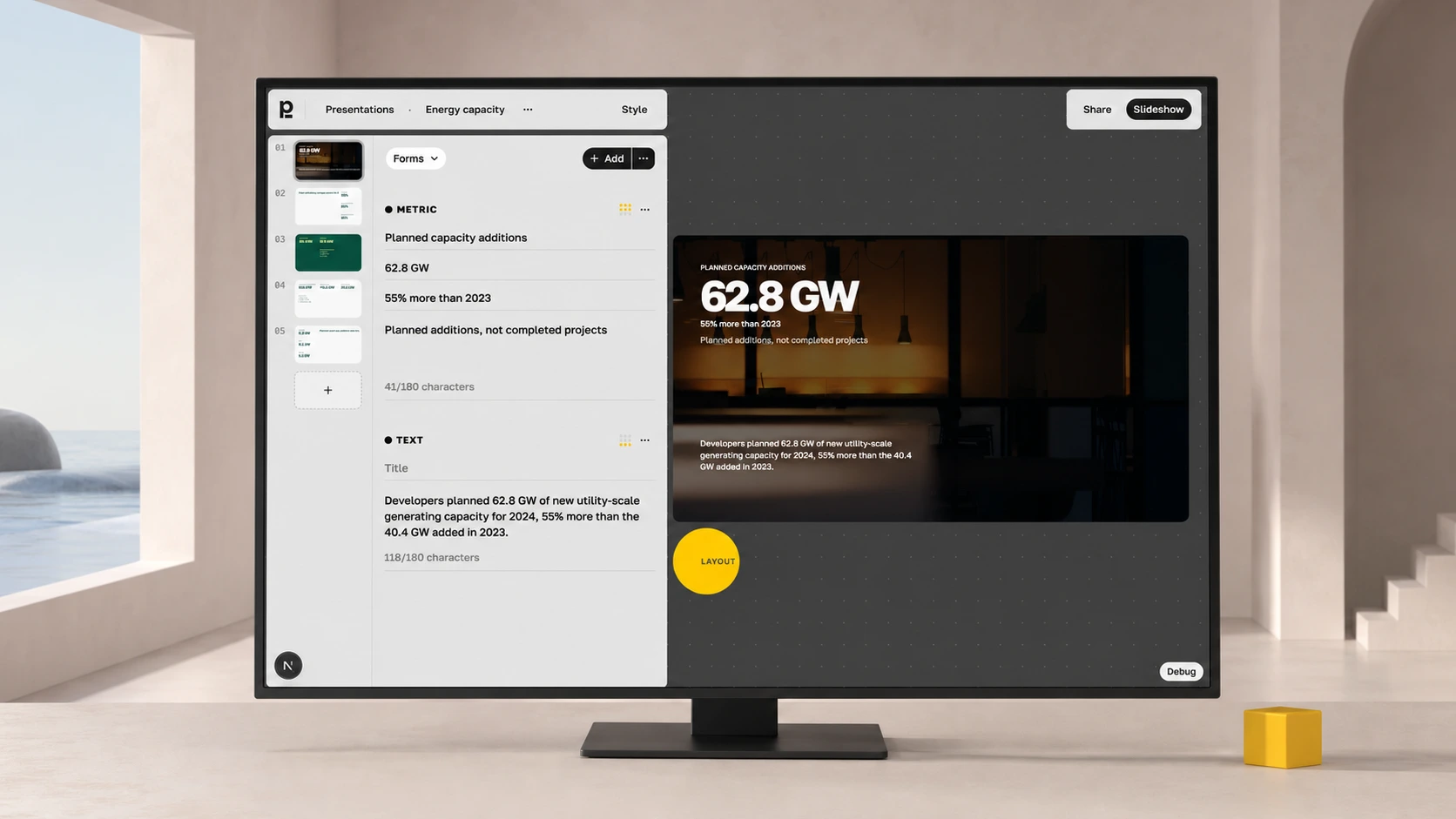 Plainline editor showing an editable presentation beside its structured source content