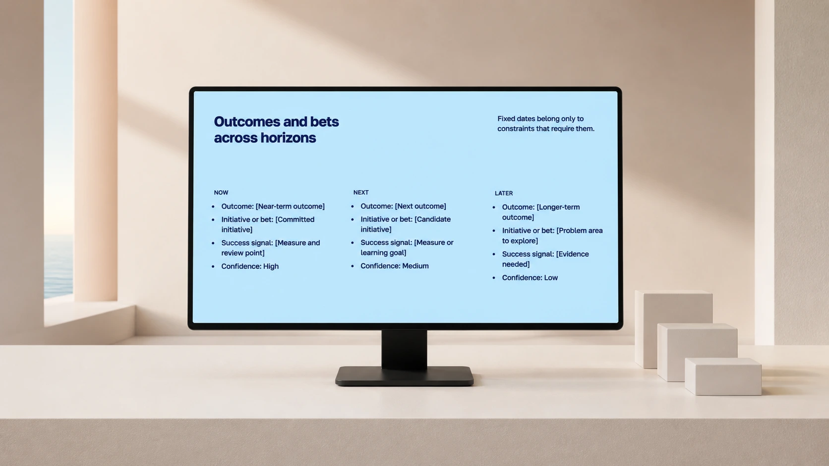 Now, Next, and Later roadmap horizons shown on a monitor with decreasing confidence