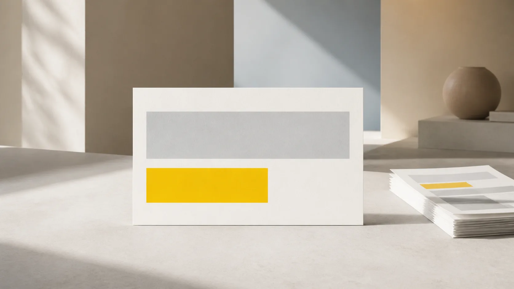 A card with two plain rectangular blocks of different lengths, marking audience and decision, next to a stack of source pages
