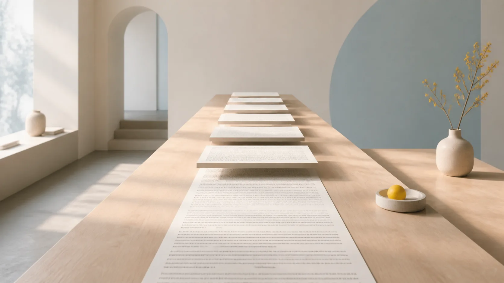 A long sheet of dense text on a desk that physically separates further back into a row of even, raised slide-shaped panels