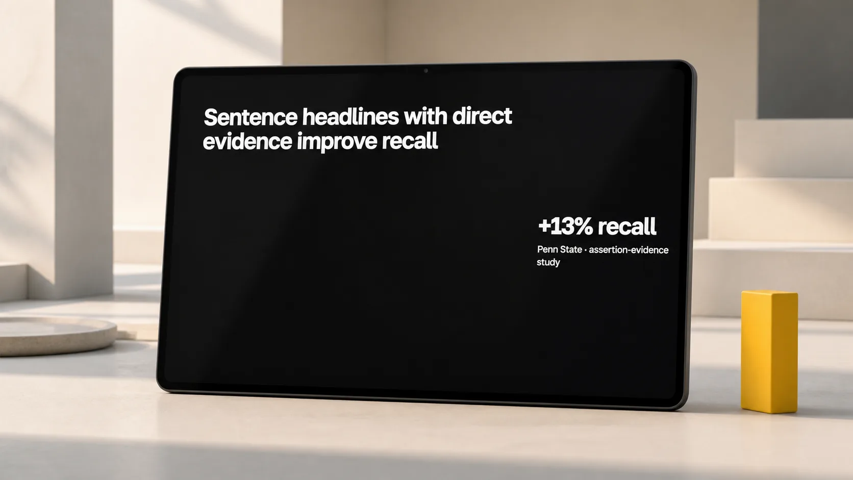A tablet on a desk showing a Plainline slide with an assertion headline, a large supporting number, and a small source caption