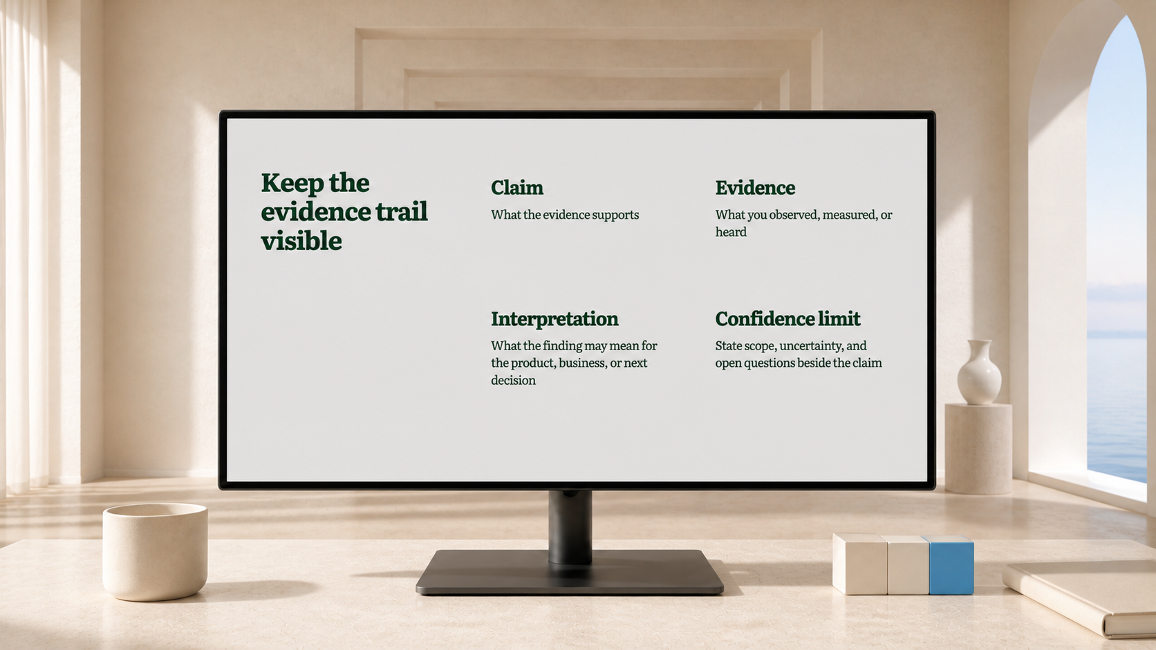 A presentation slide separating claim, evidence, interpretation, and a confidence limit