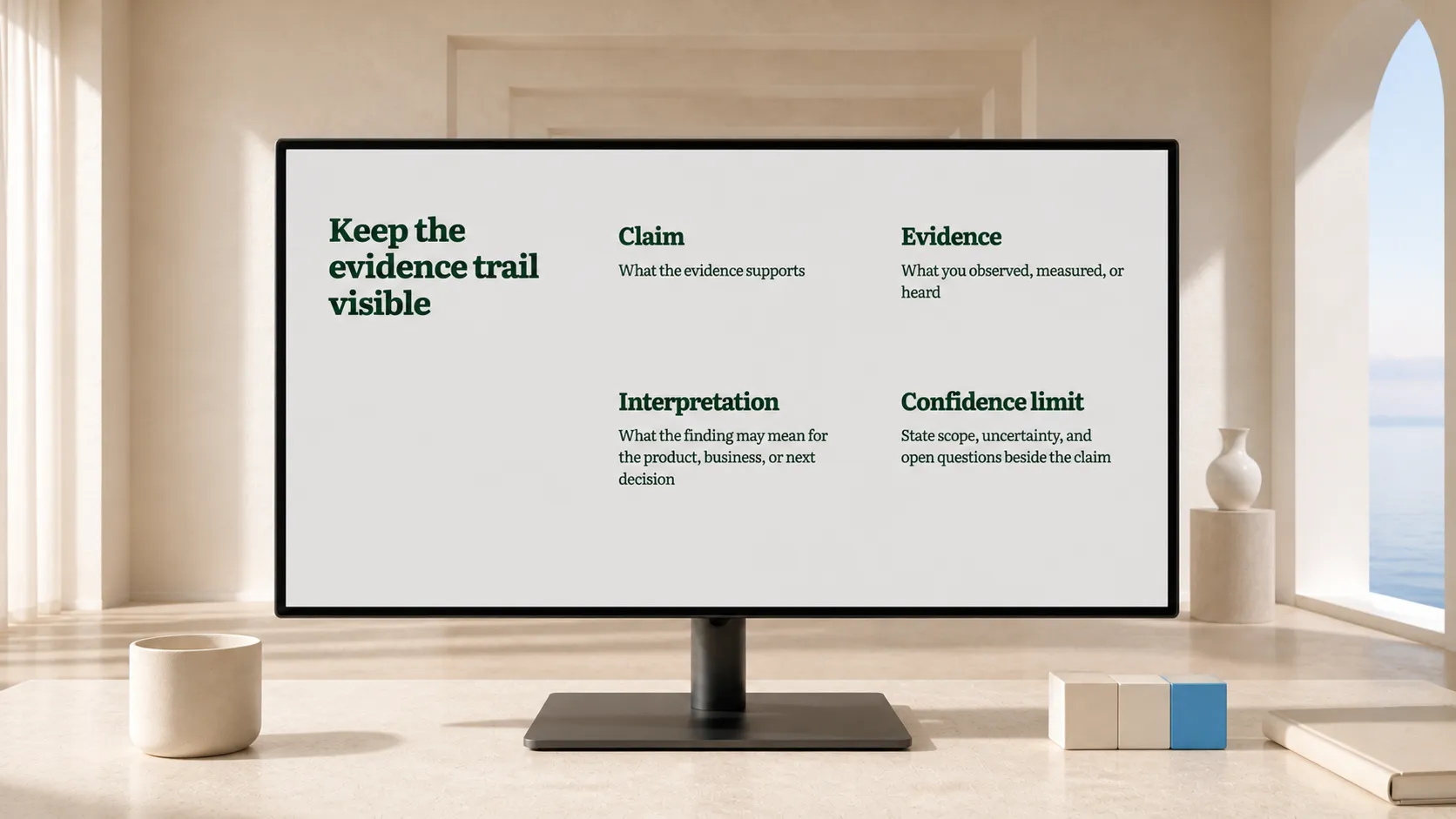 A presentation slide separating claim, evidence, interpretation, and a confidence limit