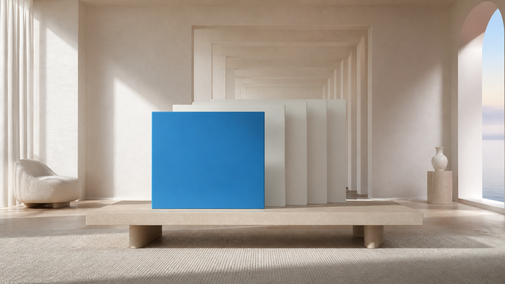 A blue panel at the front of layered physical panels in a warm workspace