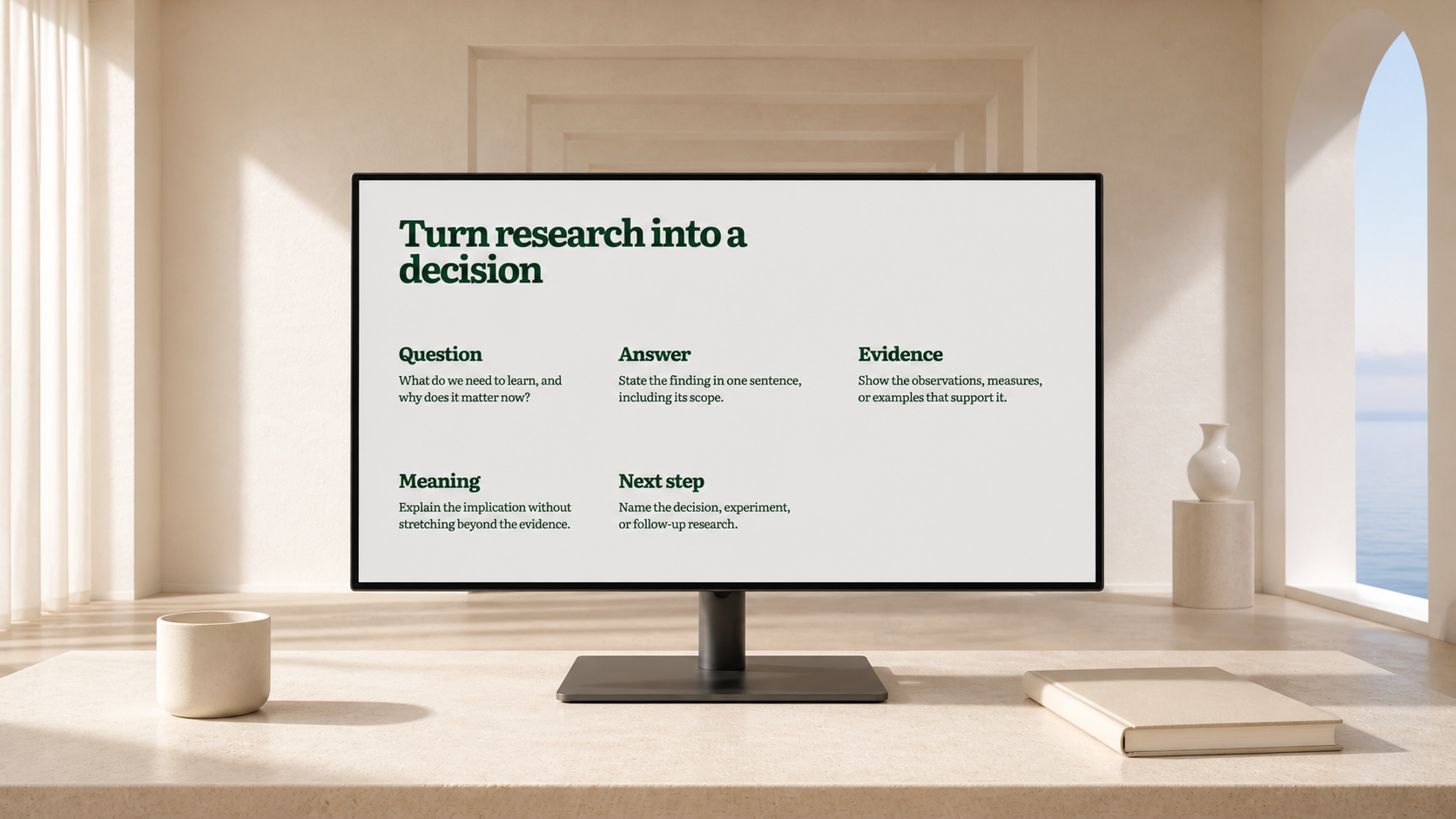 A presentation slide showing the path from question and decision to next step