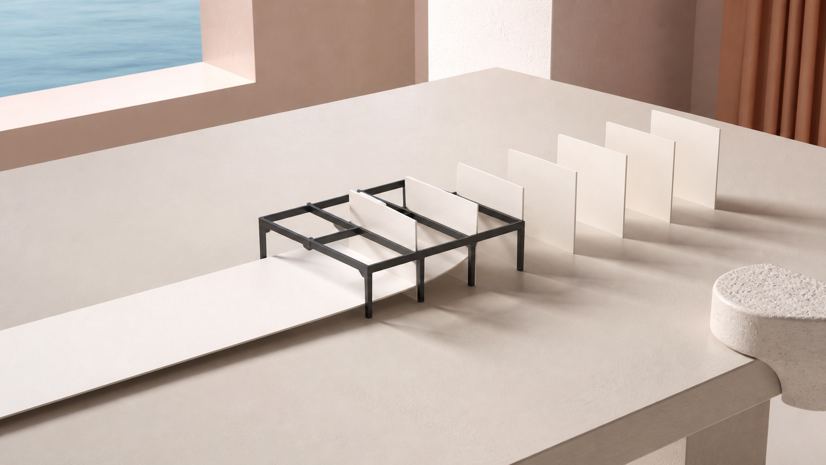 A document passing through a physical grid and separating into six structured panels