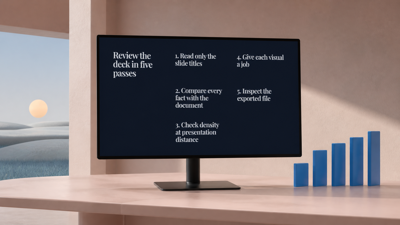A presentation slide listing five passes for reviewing a deck