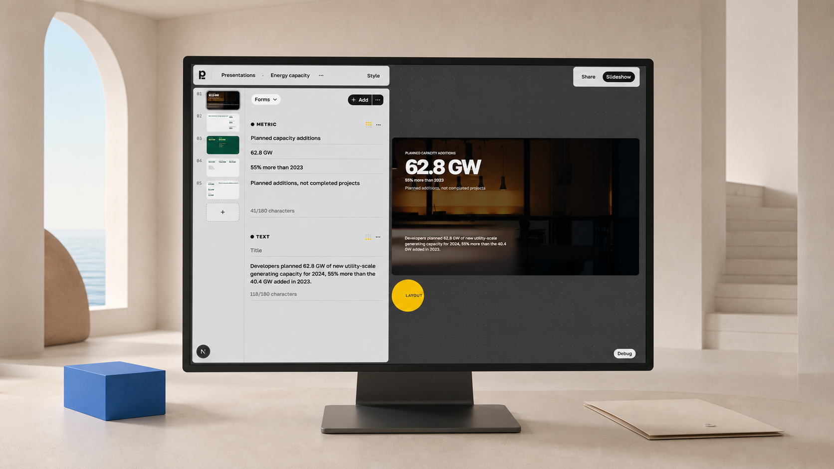 Plainline editor displayed on a monitor in a calm workspace