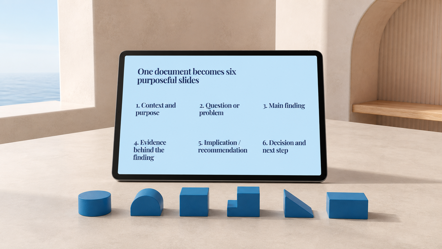 A presentation slide mapping one document to six purposeful slides
