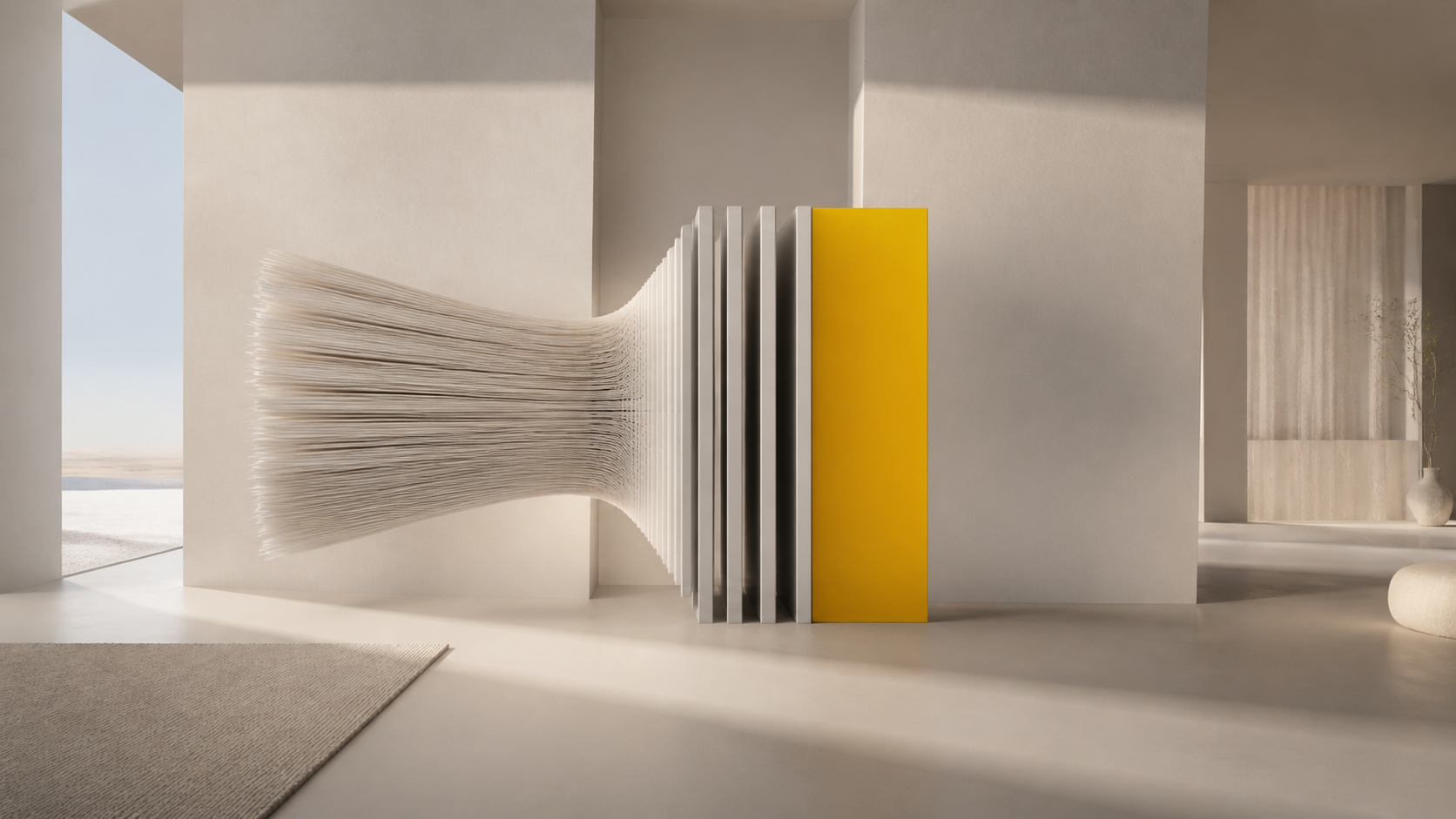 A tall stack of report pages narrowing into eight presentation panels and one yellow decision plane