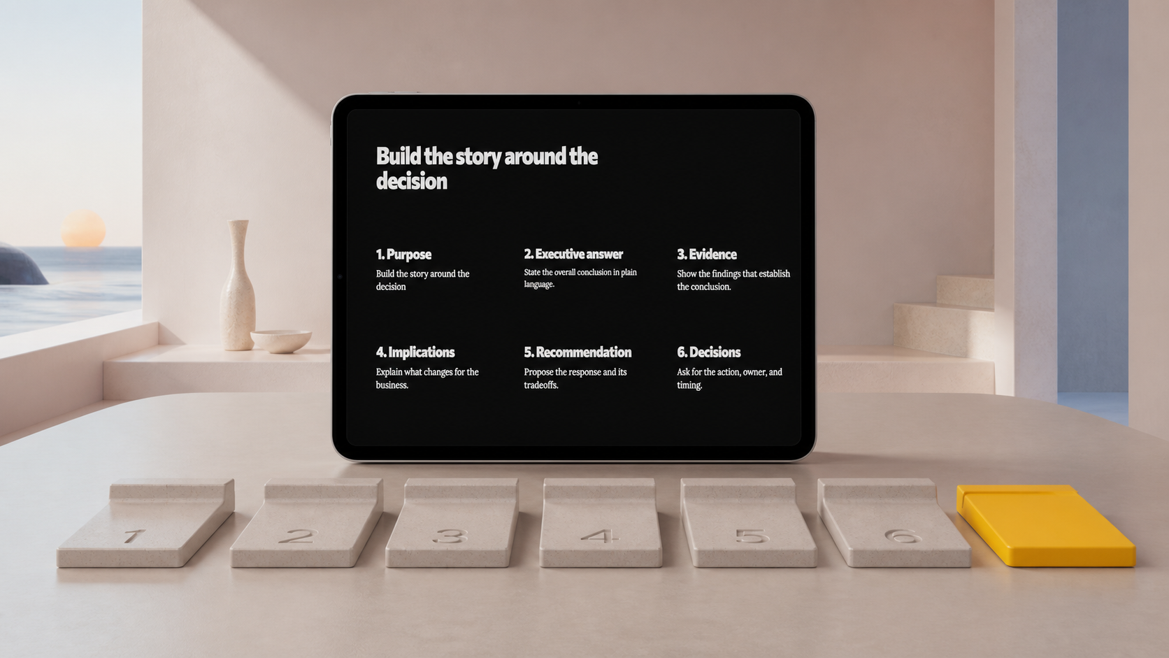 A Plainline slide and six physical steps forming an executive storyline that leads to a decision